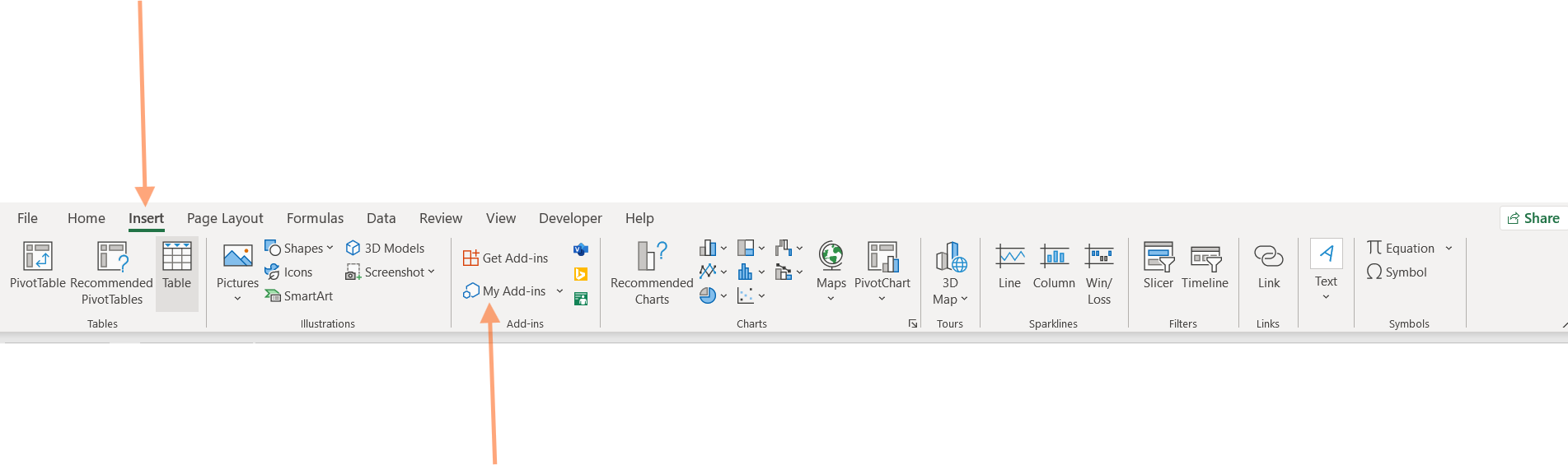 Excel ribbon — Insert tab with My Add-ins button highlighted