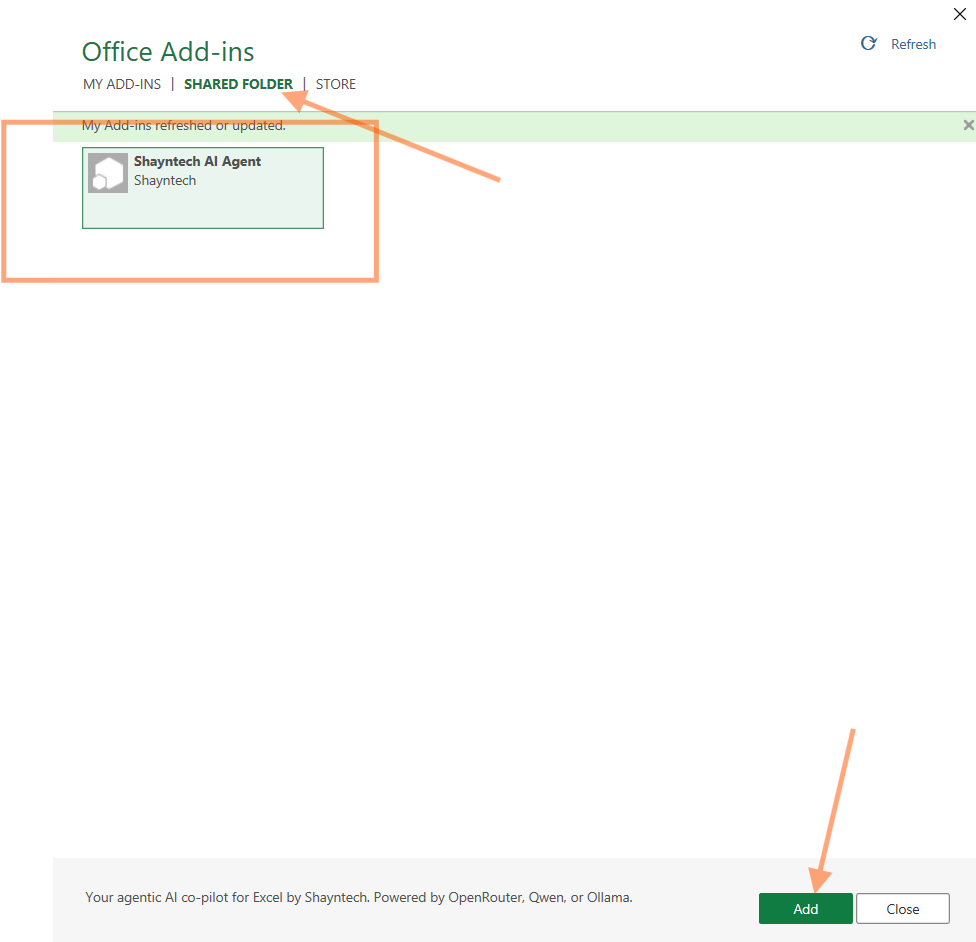 My Add-ins → SHARED FOLDER tab showing Shayntech AI Agent — click Add