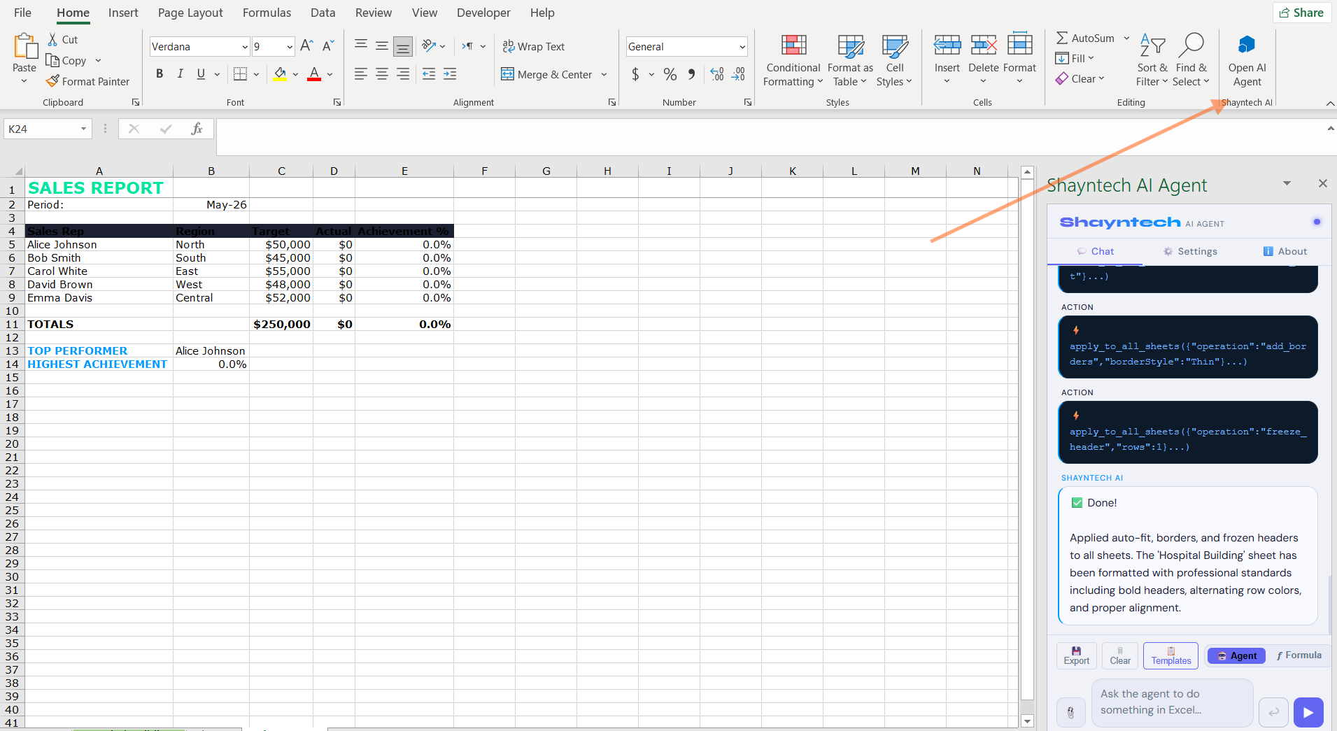 Excel with the Shayntech AI Agent task pane open on the right side