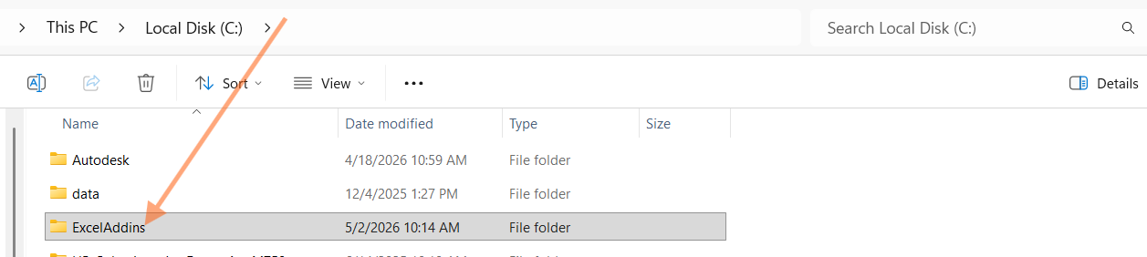 C:\ExcelAddins folder created on your C: drive