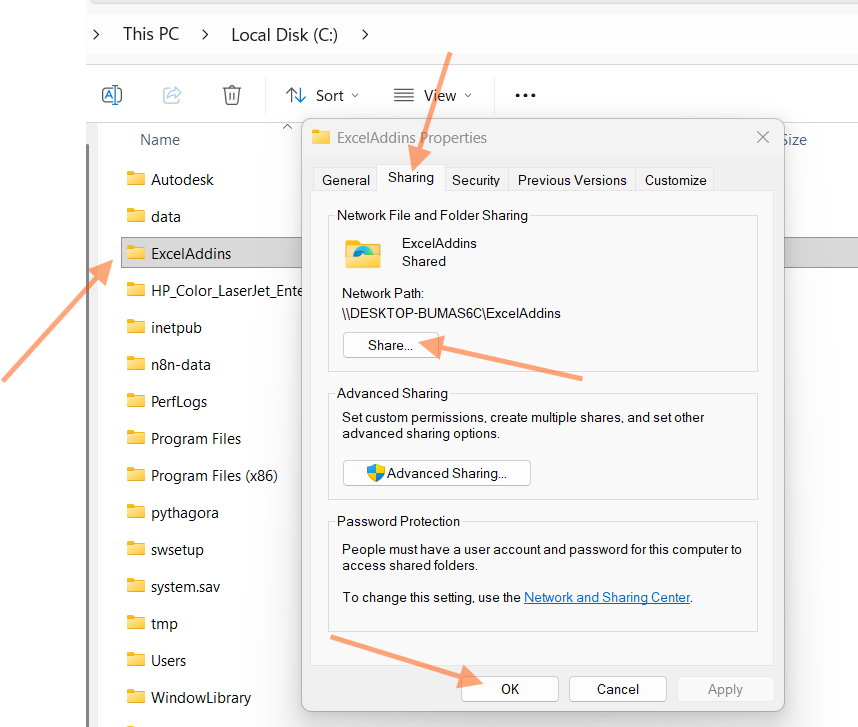 ExcelAddins Properties → Sharing tab — the folder is shared as \\localhost\ExcelAddins